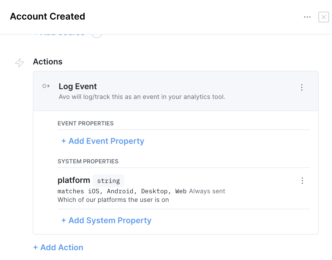 Add Actions in the Actions section of the Event modal